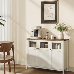 Sideboard Kitchen Cabinet Storage Cabinet with Glass Doors for Living Room Kitchen Dining Room Steel Frame Industrial Style Honey Brown Vintage White
