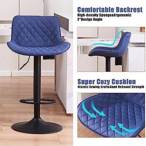 Bar Stools Set of 2, Adjustable Height, PU Leather Padded Swivel Stools with Backrest, Gas Lift for Kitchen Island, Counter, Purple