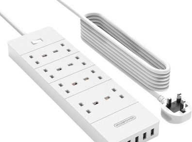 Multi Plug 3m Extension Lead with 1700J Surge Protection, Wall Mountable NTONPOWER 8 Gang Plug Board with 5 USB Slots Switched 13amp Fused UK Extender- White