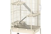 4-Level Rolling Small Animal Cage, Rabbit Cage with 3 Ramps, Water Bottle, Food Dish, 15cm Deep Tray, Beige