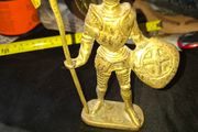 Vintage Full Brass Knight in Full Armor, holding a Poleaxe or Halberd in one hand and a Shield bearing a cross emblem in the other, Postage Available or Collection,