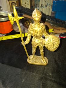 Vintage Full Brass Knight in Full Armor, holding a Poleaxe or Halberd in one hand and a Shield bearing a cross emblem in the other, Postage Available or Collection,