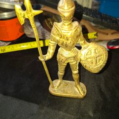 Vintage Full Brass Knight in Full Armor, holding a Poleaxe or Halberd in one hand and a Shield bearing a cross emblem in the other, Postage Available or Collection,