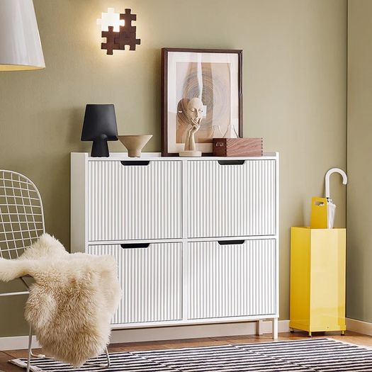 Modern Shoe Cabinet 4 Door Slim Storage Unit with Flap Doors Black or White