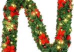 FREE SHIPPING 9FT Christmas Garland Decorations, 2.7M Wreath Garlands Decorations Xmas for Fireplaces Stairs, Christmas Garlands with Lights, Red Flower and Red Ball, Holiday, Wedding Party Decoration