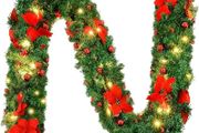 FREE SHIPPING 9FT Christmas Garland Decorations, 2.7M Wreath Garlands Decorations Xmas for Fireplaces Stairs, Christmas Garlands with Lights, Red Flower and Red Ball, Holiday, Wedding Party Decoration