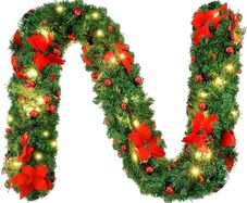 FREE SHIPPING 9FT Christmas Garland Decorations, 2.7M Wreath Garlands Decorations Xmas for Fireplaces Stairs, Christmas Garlands with Lights, Red Flower and Red Ball, Holiday, Wedding Party Decoration