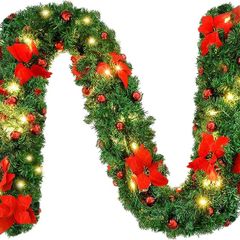 FREE SHIPPING 9FT Christmas Garland Decorations, 2.7M Wreath Garlands Decorations Xmas for Fireplaces Stairs, Christmas Garlands with Lights, Red Flower and Red Ball, Holiday, Wedding Party Decoration