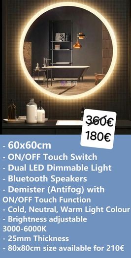 LED Bathroom Mirror 60cm Demister Bluetooth Speakers