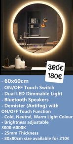 LED Bathroom Mirror Bluetooth Antifog Dual LED Round 60cm Bright Makeup Light