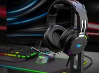 main image for ad Havit RGB Headset Stand with 3.5mm AUX and 2 USB Ports Headphone Holder for Gamers Gaming PC Accessories Desk Black and White