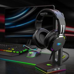 Havit RGB Headset Stand with 3.5mm AUX and 2 USB Ports Headphone Holder for Gamers Gaming PC Accessories Desk Black and White