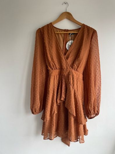 Boohoo Ruffle hem caramel colour chiffon mini dress size 12