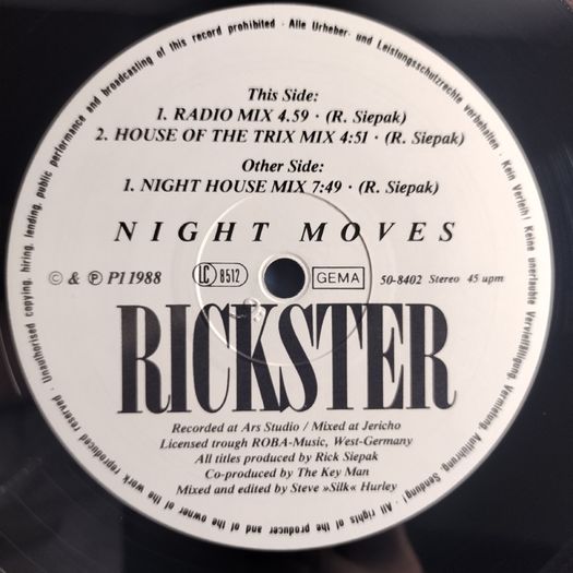 Rickster - Night Moves - P1 Records - GERMAN Pressing! Absolutely CLASS Late 80s US Deep VOCAL Acid HOUSE Banger!