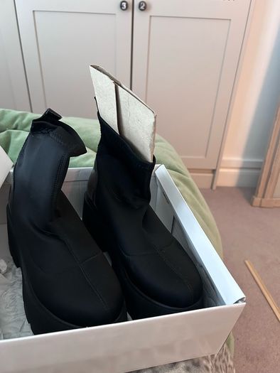 Fab black ankle boots still in box, worn once.  Stretch fabric and block heel.