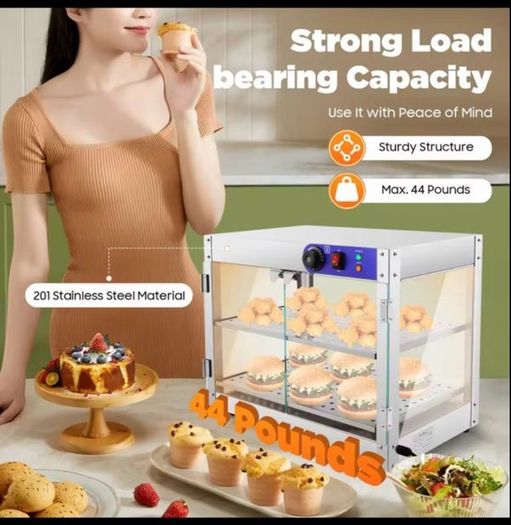800W Food Warmer Display Cabinet 201 stainless steel 2 Tiers Hot Cabinet for Fast-food Restaurants, Breakfast Shops
