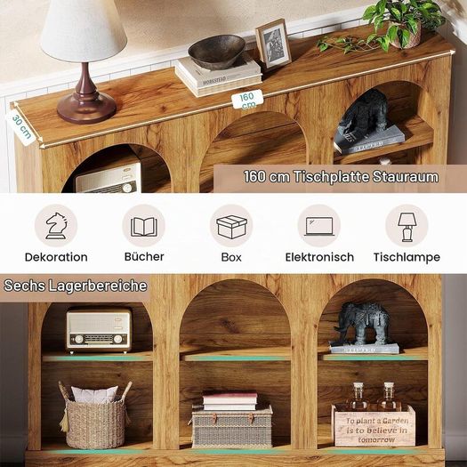 Natural Wood Console Table with Storage 160cm Long Arched Entrance Table | 3 Tier Wooden