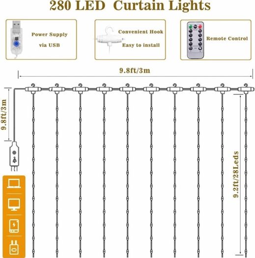 Curtain Fairy Waterproof Curtain Lights USB Fairy String Lights 3Mx2.8M, LED Window Lights, Remote Control, 280LED RGB Curtain Light for Bedroom Outdoor Indoor Christmas Decoration