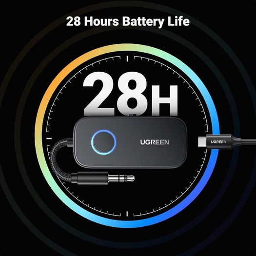 Bluetooth 5.3 Transmitter Receiver, 28H Long Playtime, Dual Connection, 10m Range, Mic for Calls, 2-in-1 Wireless Aux Bluetooth Adapter for TV, Airplane, Headphone, Airpods, Speaker, Car