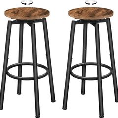 360 Swivel Bar Stools Set of 2, Round Kitchen Breakfast Stools, Bar Chairs with Footrest, for Kitchen Islands, Cafe, Counter, Rustic Brown and Black