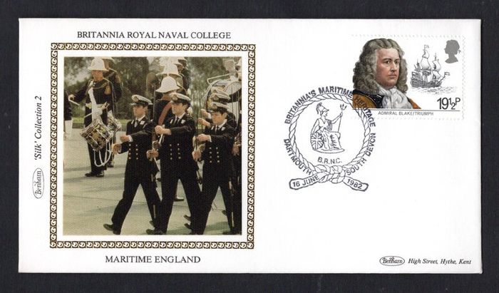 1982 Great Britain Benham Silke Cover showing Britannia Royal Naval College tying 19 1/2p Admiral Blake and Triumph commemorative stamp