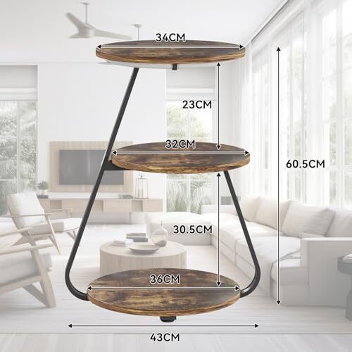 Side Table, Small Round Coffee Table with 3 Color LED Lights, End Table with 3 Tier Storage Shelves, Bedside Sofa Side Tables for Living Room Bedroom, Rustic Brown