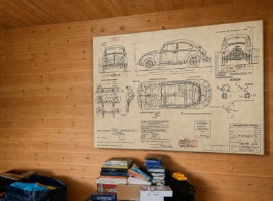 VW Beetle 1973 Construction Drawing Artwork on Canvas