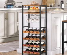 Wine Rack, Bottle Rack for 16 Bottles of Wine, Freestanding Wine Rack with Table Top and Wine Glass Holder, for Kitchen, Bar, Restaurant, etc. Dark Brown/Black