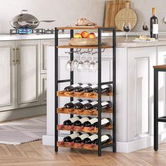 Wine Rack, Bottle Rack for 16 Bottles of Wine, Freestanding Wine Rack with Table Top and Wine Glass Holder, for Kitchen, Bar, Restaurant, etc. Dark Brown/Black