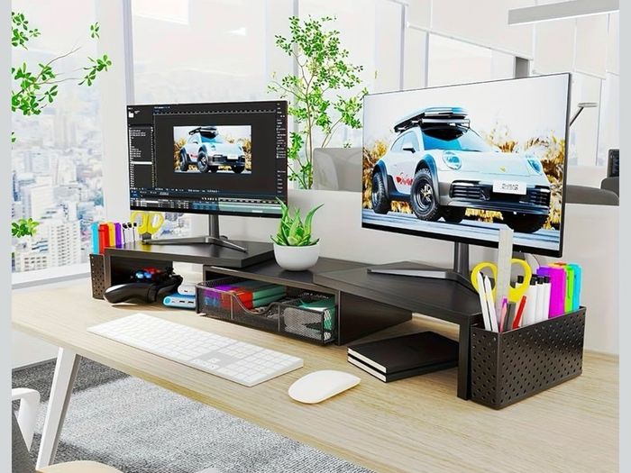 Dual Monitor Stand Riser, Metal Monitor Desk Accessories with Drawer and 2 Pen Holder, Adjustable Length and Angle - Computer Monitor Stand for Screen, Computer, Printer (Metal Black)