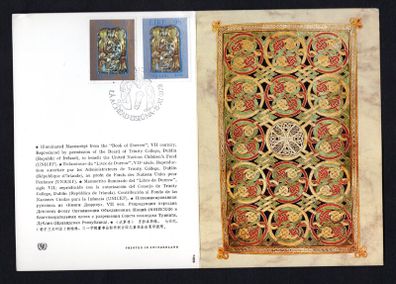 1979 Ireland Christmas Commemorative Stamps with Cork Illustrated First Day Cover Cancel on a Christmas Card with Illustrated Manuscript for the "Book of Durrow" . Interesting item
