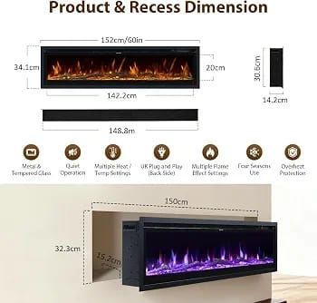 3 IN 1 Electric Fire 152cm/60" Wall Mounted/Recessed/Freestanding Electric Fireplace with Remote & Touch Screen Control 12 LED Color Flame Effect, 2 Heat Power 900W&1800W