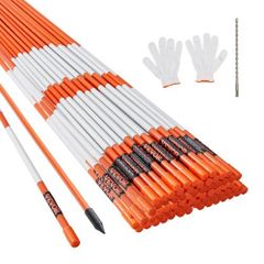 Driveway Markers, 100PCS 122 cm, 0.79 cm Diameter, Orange Fiberglass Poles Snow Stakes with Reflective Tape, 30.48 cm Steel Drill Bit
