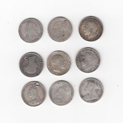 9 x 3d G.B. 921/2% SILVER COINS (up to, including 1919) ( no.368)