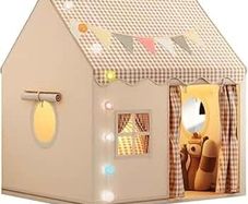 Kids Tent Playhouse with Star Lights and Tote Bags, Kids Play Tent Indoor & Outdoor, Washable Teepee Tent for Boys & Girls, Toy House for Toddler, Neutral Color Play Room Furniture (Beige-1)