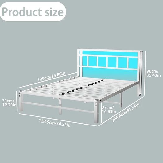Double Bed Frame with Storage Headboard,4ft6 Bed Frame Double Bed Base with Charging Station and LED Lights,Metal Platform Double Bed 135x190,Mattress Base No Box Spring Needed,No Noise,White