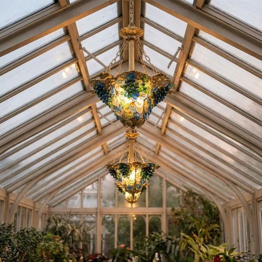 Old Brass and glass light with flowers and grapes