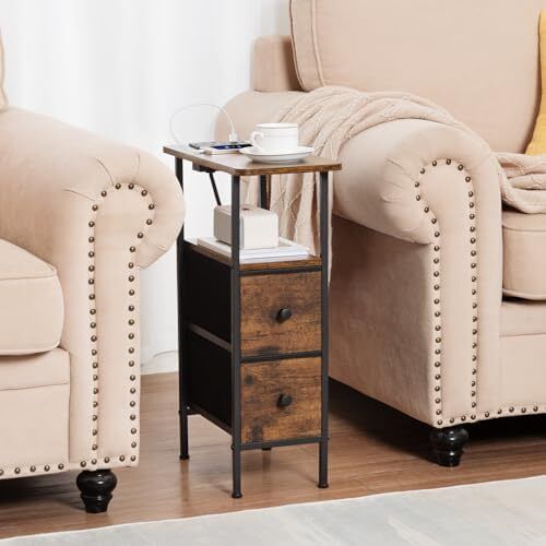 Slim Bedside Table Set of 2 with Charging Station, Narrow Side Table with 2 Fabric Drawers, End Table with Open Storage Shelf, Nightstand for Small Spaces, Living Room, Brown