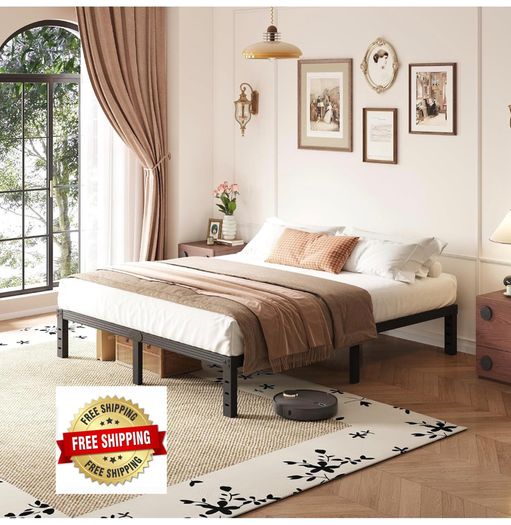 Metal Double Bed Frame Sturdy Platform Bed Underbed Storage, Steel Slat Support, Easy Assembly, Noise Free, Heavy Duty, 35.5cm High