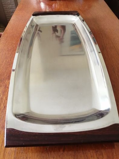 Vintage DKF Lundtofte Danish Stainless Steel Serving Dish Teak Handles