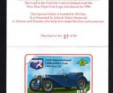 1996 Ireland Cork International Collectors Fair / Pepsi Cola Patrons Pack held at Imperial Hotel Cork on June 15th 1996 (Landis & Gyr (Optical)) Phone Card in pack. Note limited to 50