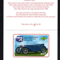 1996 Ireland Cork International Collectors Fair / Pepsi Cola Patrons Pack held at Imperial Hotel Cork on June 15th 1996 (Landis & Gyr (Optical)) Phone Card in pack. Note limited to 50
