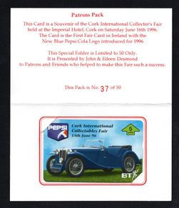 1996 Ireland Cork International Collectors Fair / Pepsi Cola Patrons Pack held at Imperial Hotel Cork on June 15th 1996 (Landis & Gyr (Optical)) Phone Card in pack. Note limited to 50