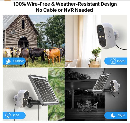 ZOSI 2K Solar Security Camera for Outdoor Indoor, 3MP Battery Operated Security Camera Wireless for Home, Color Night Vision,2 Way Audio,Spotlight Siren,Human Detection,SD Card/Cloud Storage