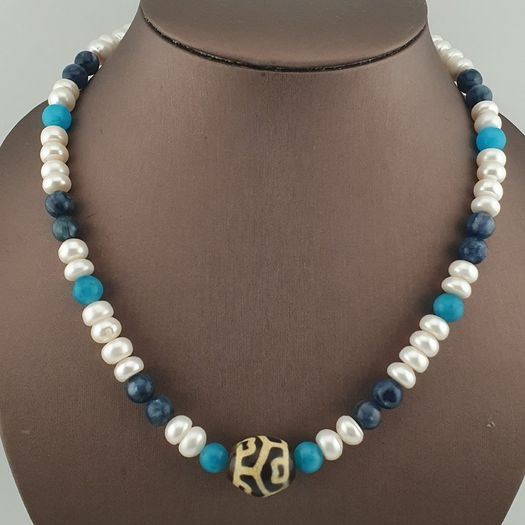 Authentic Fresh Water Pearls & Gemstone Beads With Himalayan Tibetan Dzi Pendant Necklace