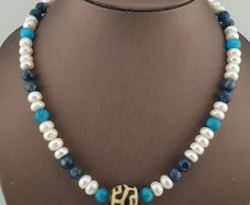 Authentic Fresh Water Pearls & Gemstone Beads With Himalayan Tibetan Dzi Pendant Necklace