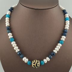 Authentic Fresh Water Pearls & Gemstone Beads With Himalayan Tibetan Dzi Pendant Necklace