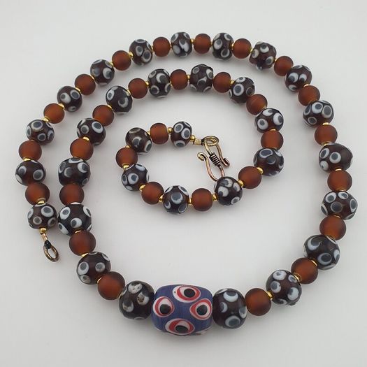 Antique Venetian African Style Skunk Eyes & Brown Glass Beads Necklace