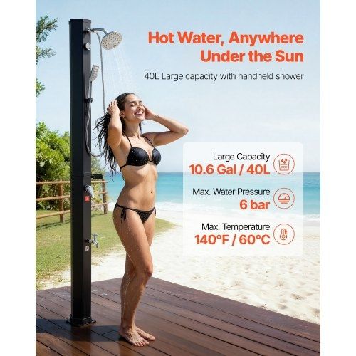 40L Solar Heated Shower, 205cm Showerhead Height Outdoor Shower, with Handheld & Foot Faucet, Hot & Cold Water Adjustment,