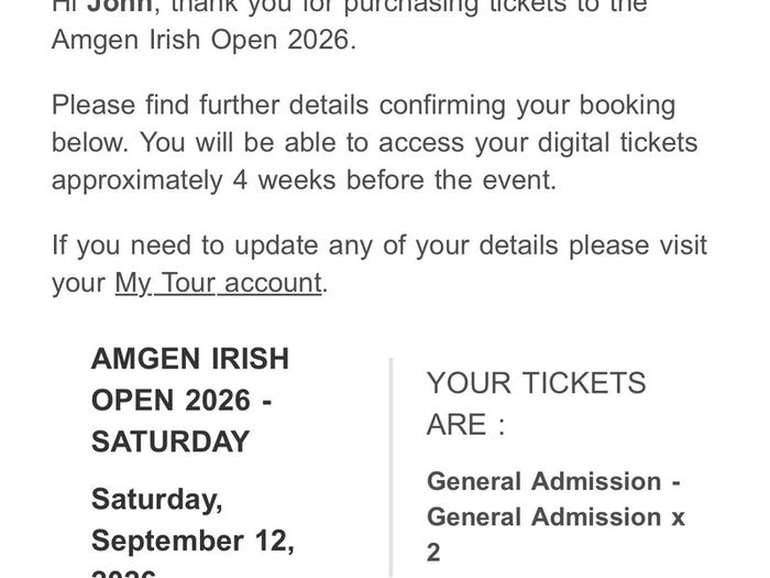Irish Open 2026, 2 Adult General Admission Tickets (Sat 12th Sep)